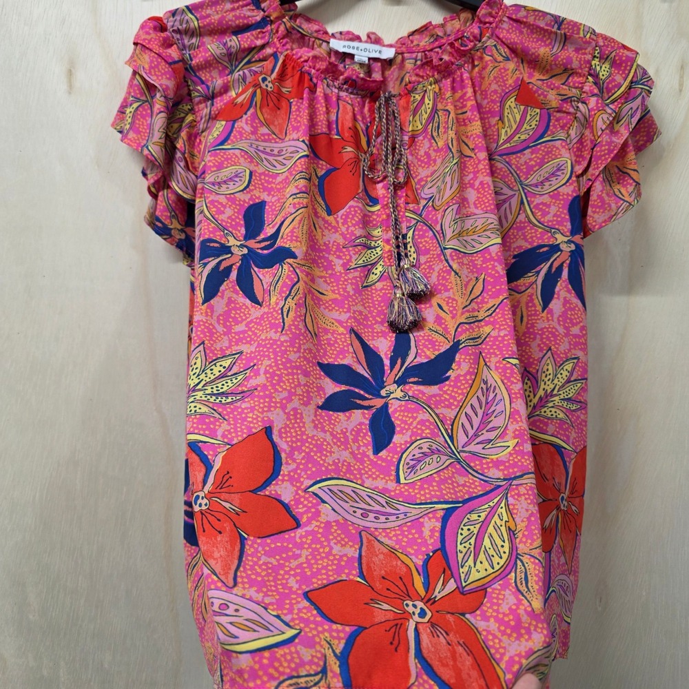 Rose + Olive Pink Floral Ruffle Neck Tassel Blouse Large Flutter Sleeve Top - Picture 10 of 10